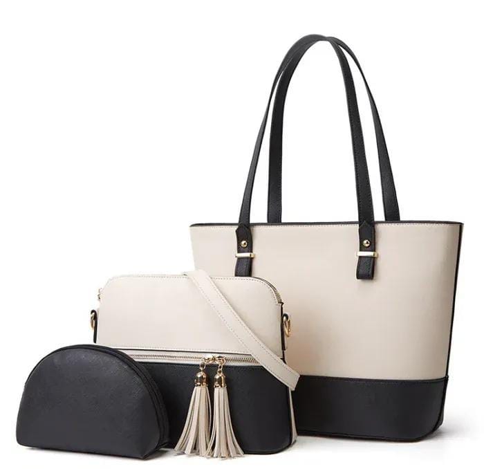 Women pu leather hand bag set-3 pcs in classic white black