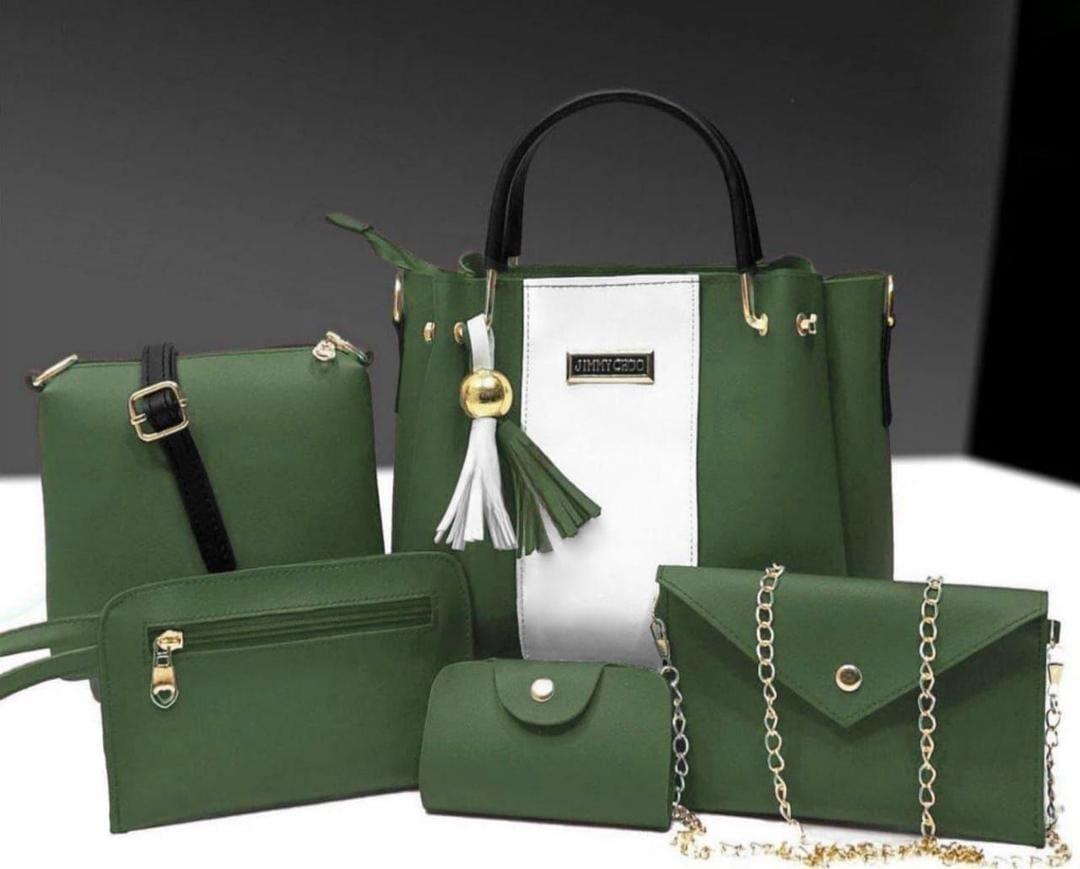 Women green pu lerther hand bag set - 5 pcs