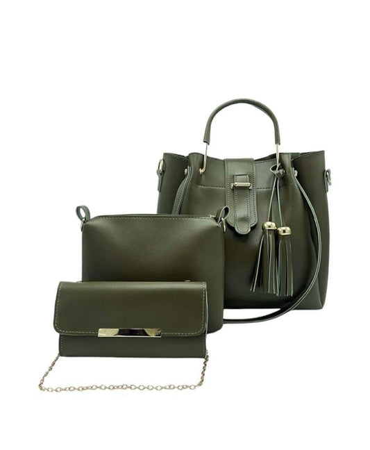 Stylish women green leather hand bag set - pcs