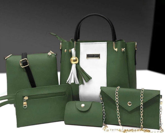 Women green pu lerther hand bag set - 5 pcs
