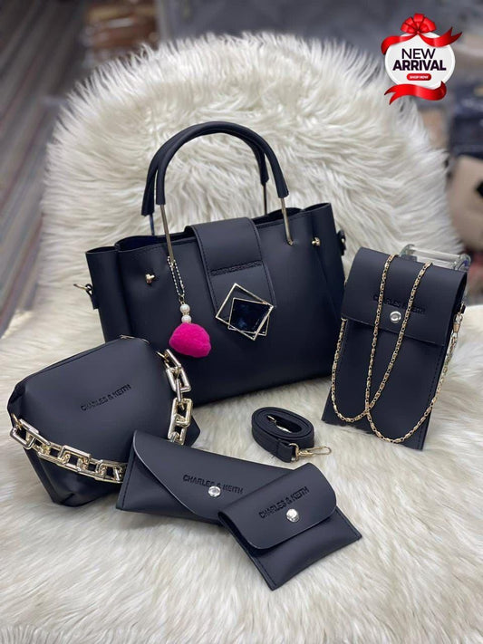 Women leather hand bag set-5 pcs in biu-plain pattern