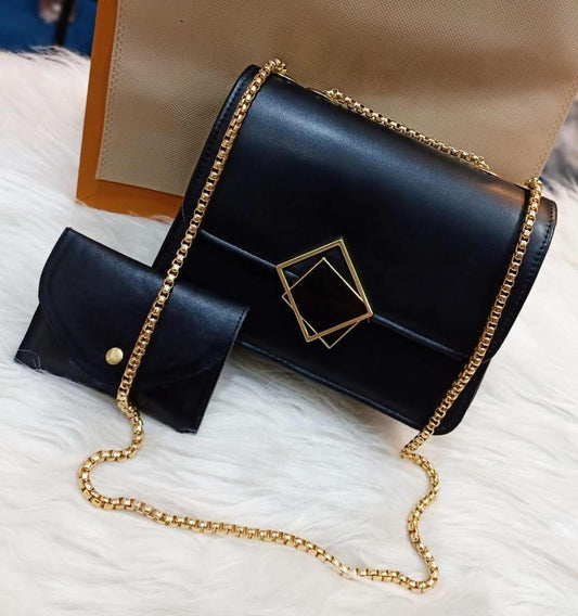 2 pcs pu leather hand bag with long golden chain for girls